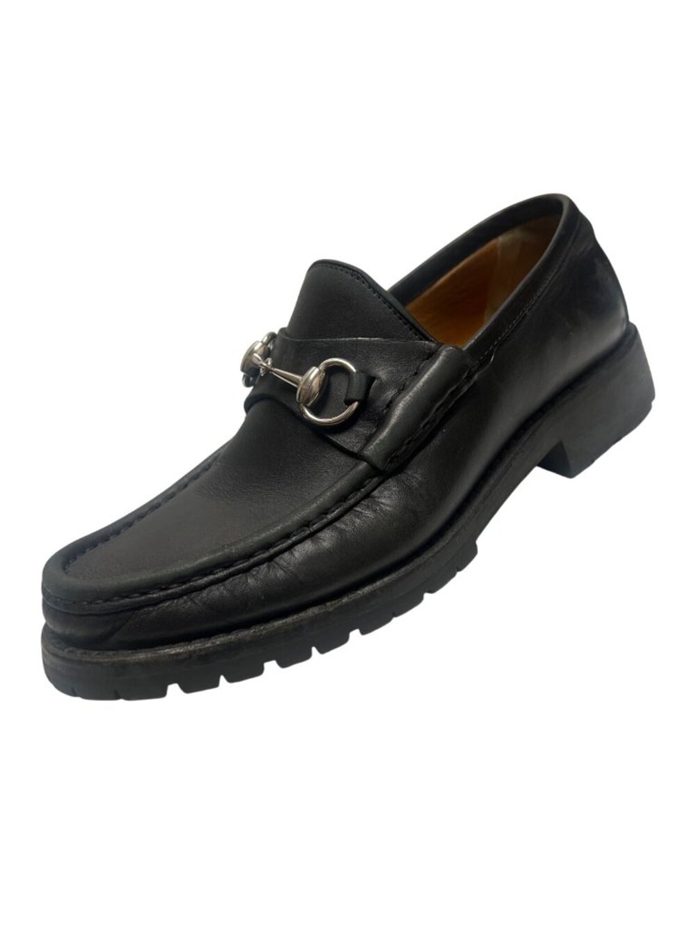 Gucci Black Italian Leather Horsebit Lug Sole Chunky Loafers